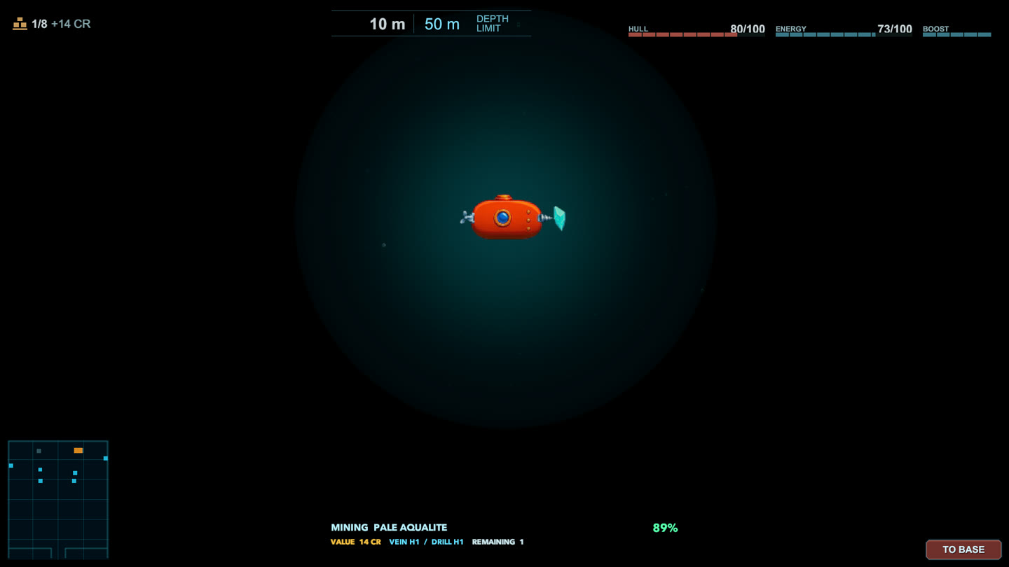 An orange submarine mining a glowing mineral deposit in the dark ocean
